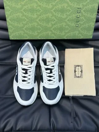 Gucci White Navy Low-Top Contrast-Panel Leather Lifestyle Sneakers 2