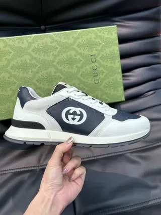 Gucci White Navy Low-Top Contrast-Panel Leather Lifestyle Sneakers 4