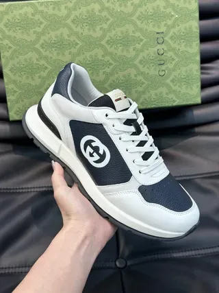 Gucci White Navy Low-Top Contrast-Panel Leather Lifestyle Sneakers 5