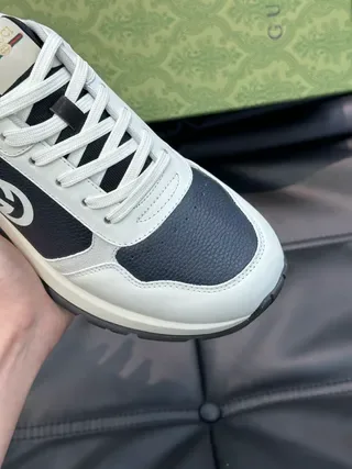 Gucci White Navy Low-Top Contrast-Panel Leather Lifestyle Sneakers 7