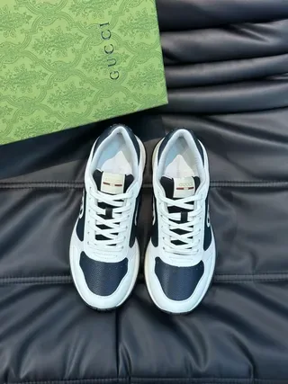 Gucci White Navy Low-Top Contrast-Panel Leather Lifestyle Sneakers 8