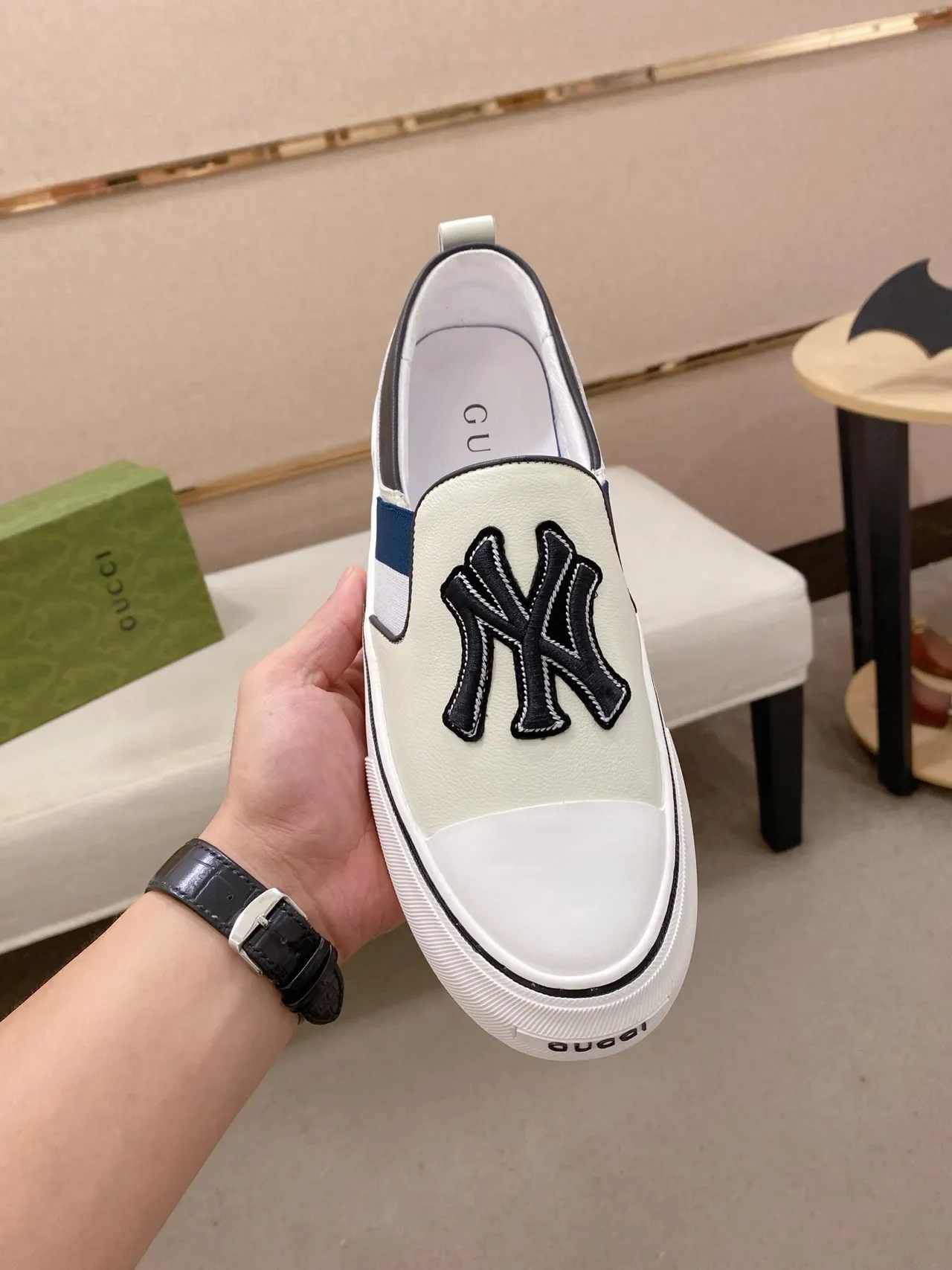 Gucci White Navy Slip-On Construction Embroidered Team Logo Patch Lifestyle Sneakers 3
