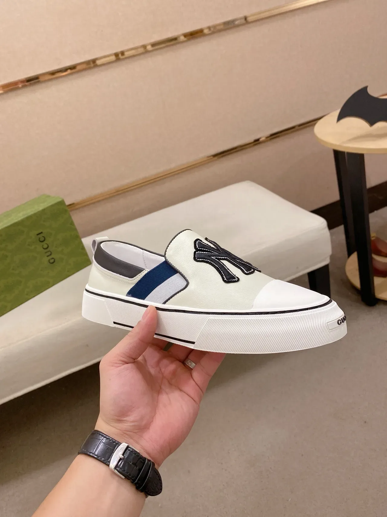 Gucci White Navy Slip-On Construction Embroidered Team Logo Patch Lifestyle Sneakers 5