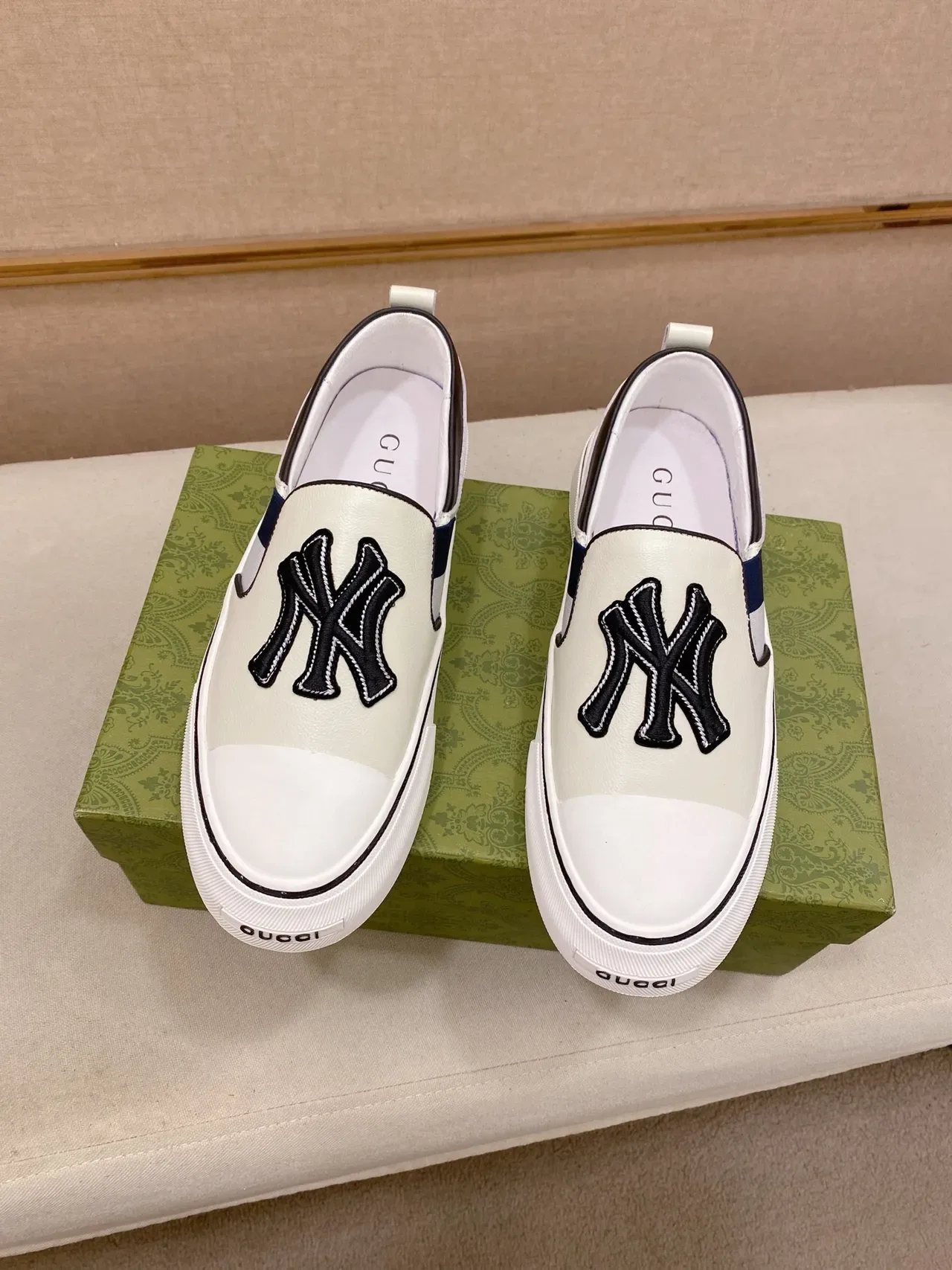 Gucci White Navy Slip-On Construction Embroidered Team Logo Patch Lifestyle Sneakers 6
