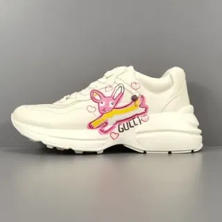 Gucci White Pink Chunky Sole Embroidered Rabbit Graphic Lifestyle Sneakers