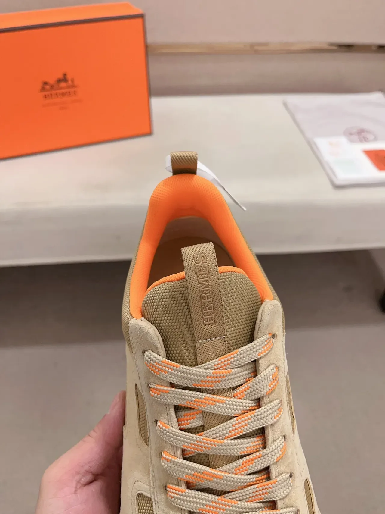 Hermès Beige and Orange Suede Mesh Sneaker 3