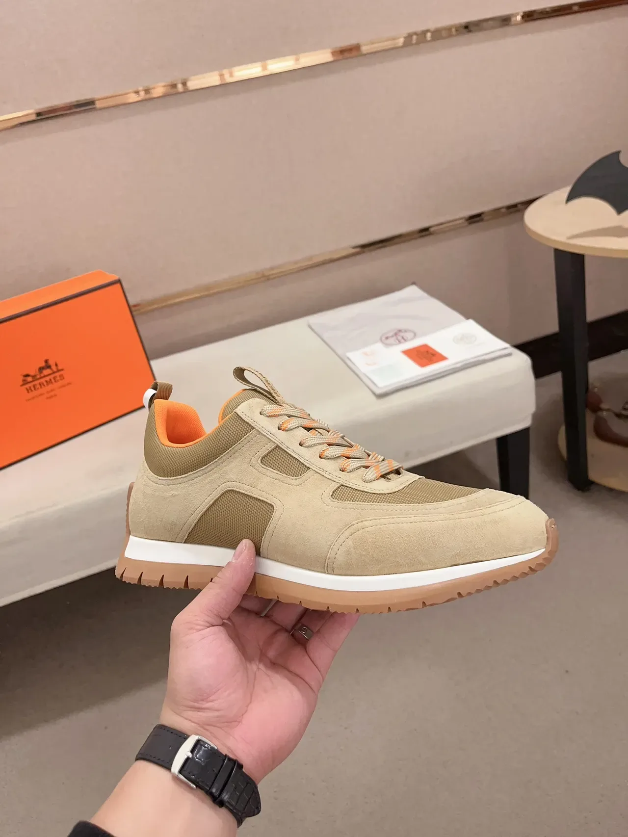 Hermès Beige and Orange Suede Mesh Sneaker 4