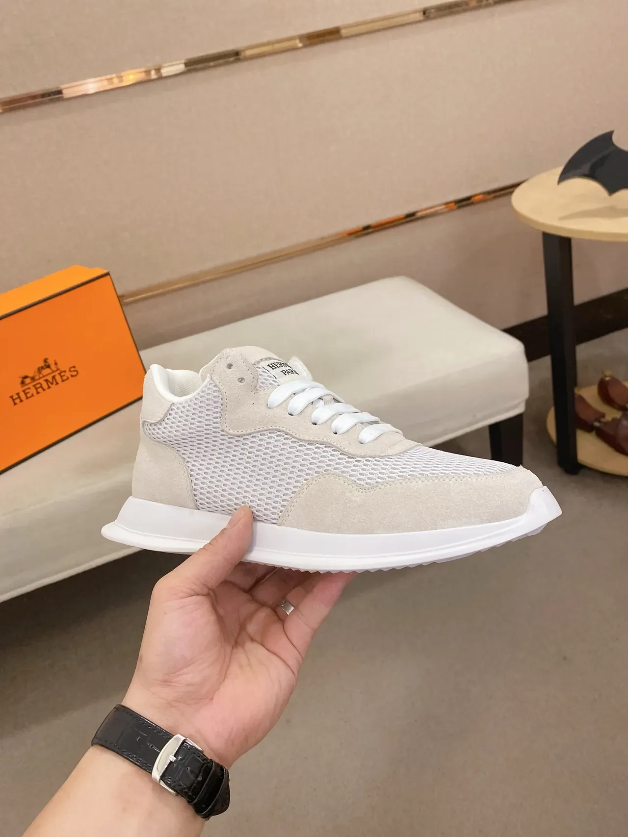 Hermès Beige Mesh and Suede Lifestyle Sneaker 4