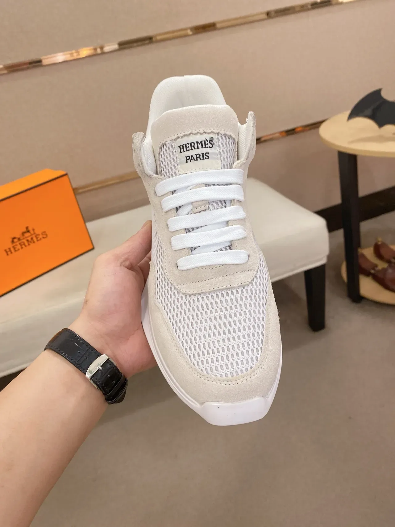 Hermès Beige Mesh and Suede Lifestyle Sneaker 5