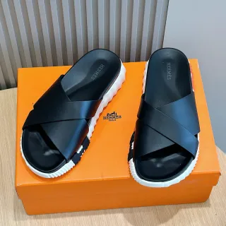 Hermès Black Cross Strap Slide Sandals