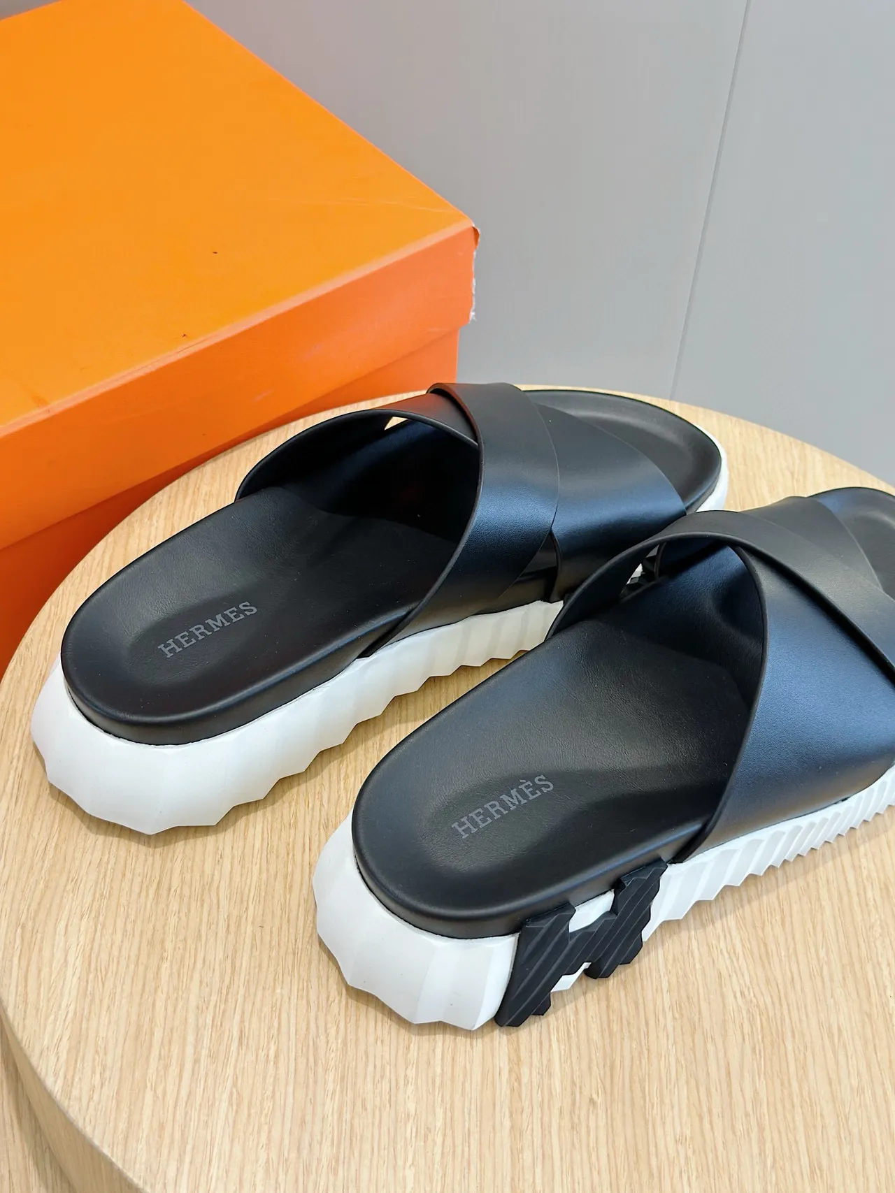 Hermès Black Cross Strap Slide Sandals 6