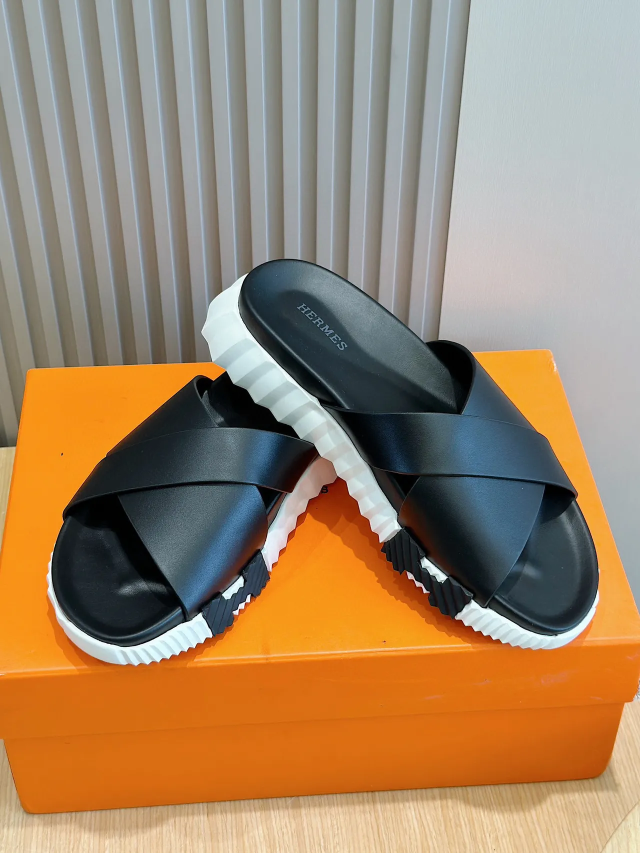 Hermès Black Cross Strap Slide Sandals 7