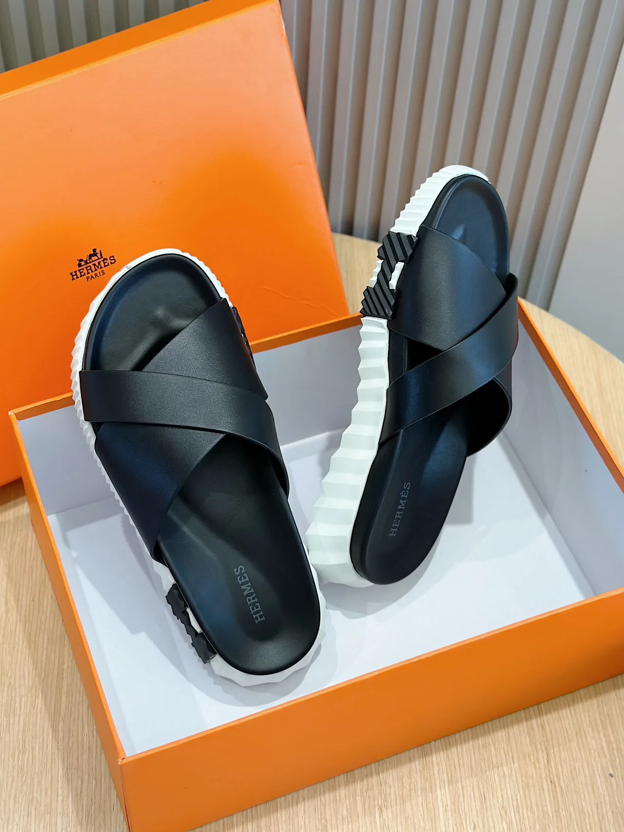 Hermès Black Cross Strap Slide Sandals 8