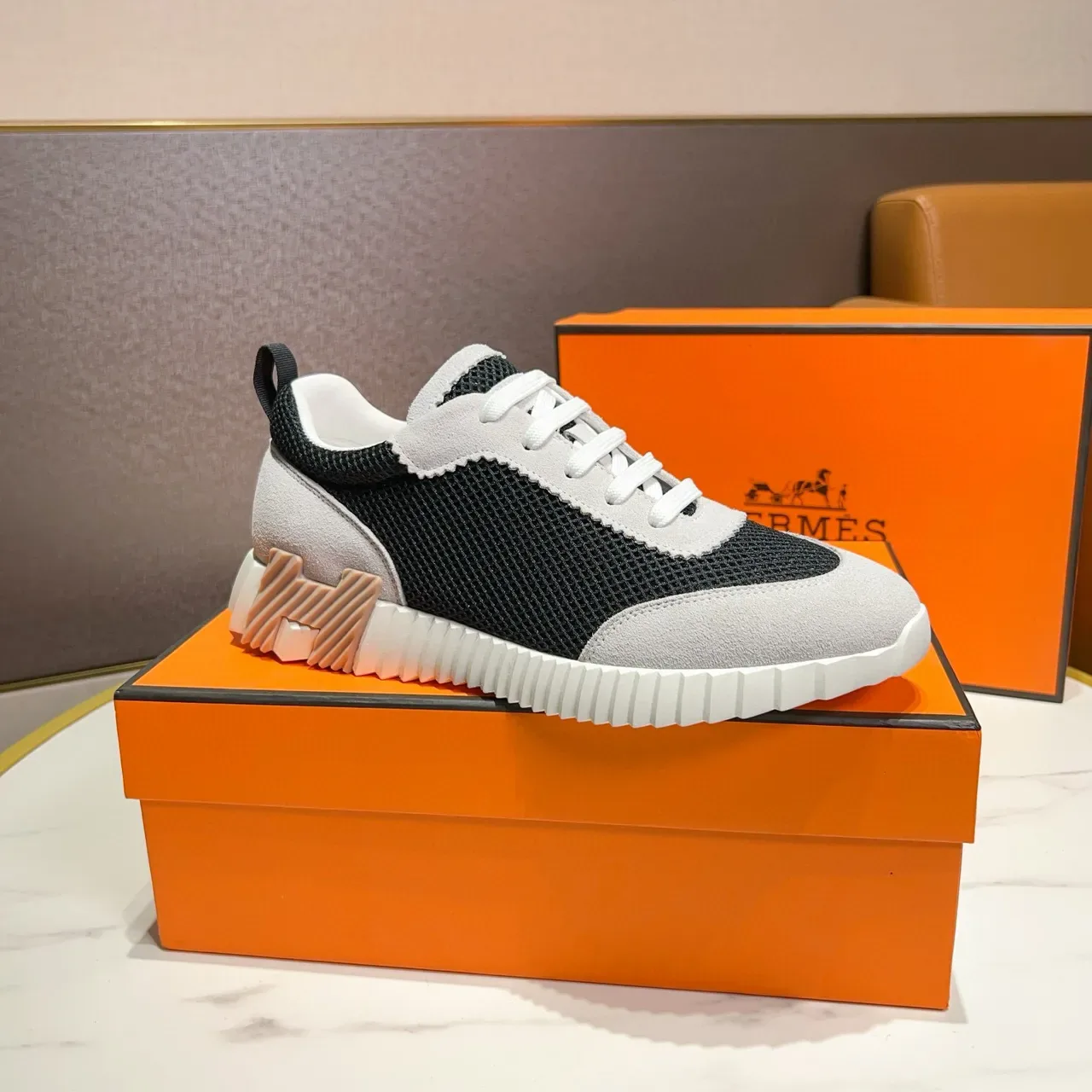 Hermès Black White Mesh And Suede Panel Construction Zigzag Stitched Overlays Lifestyle Sneakers 3