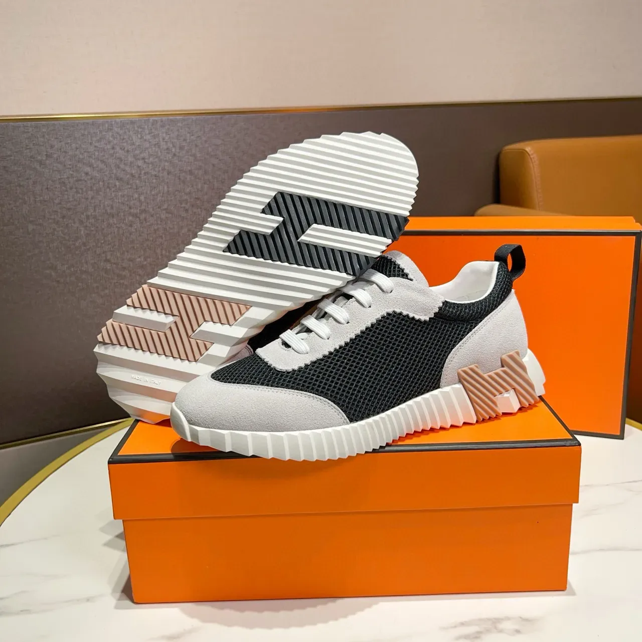 Hermès Black White Mesh And Suede Panel Construction Zigzag Stitched Overlays Lifestyle Sneakers 6