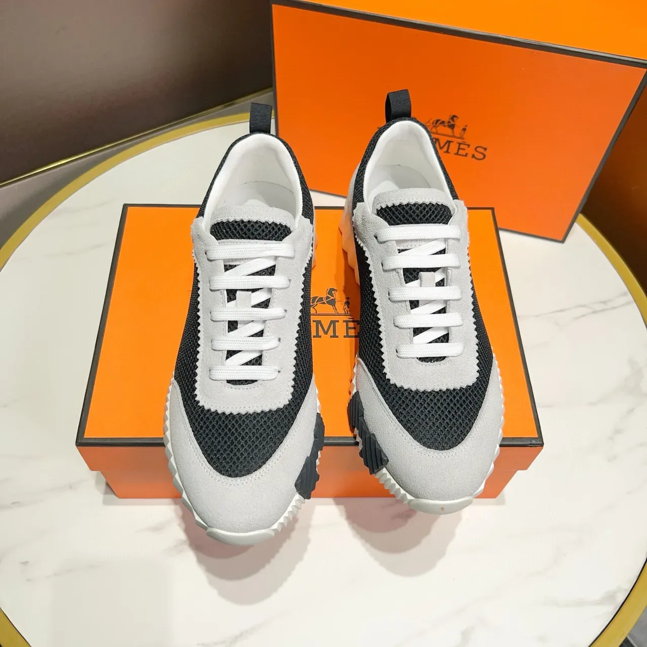Hermès Black White Mesh And Suede Panel Construction Zigzag Stitched Overlays Lifestyle Sneakers 8
