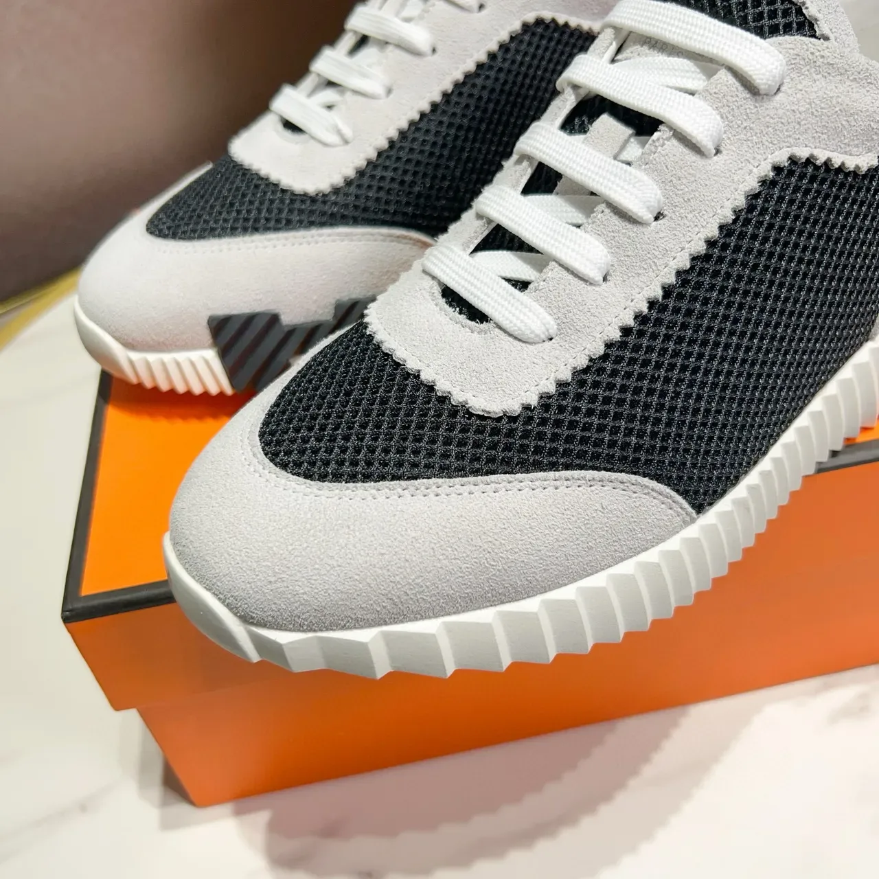 Hermès Black White Mesh And Suede Panel Construction Zigzag Stitched Overlays Lifestyle Sneakers 9