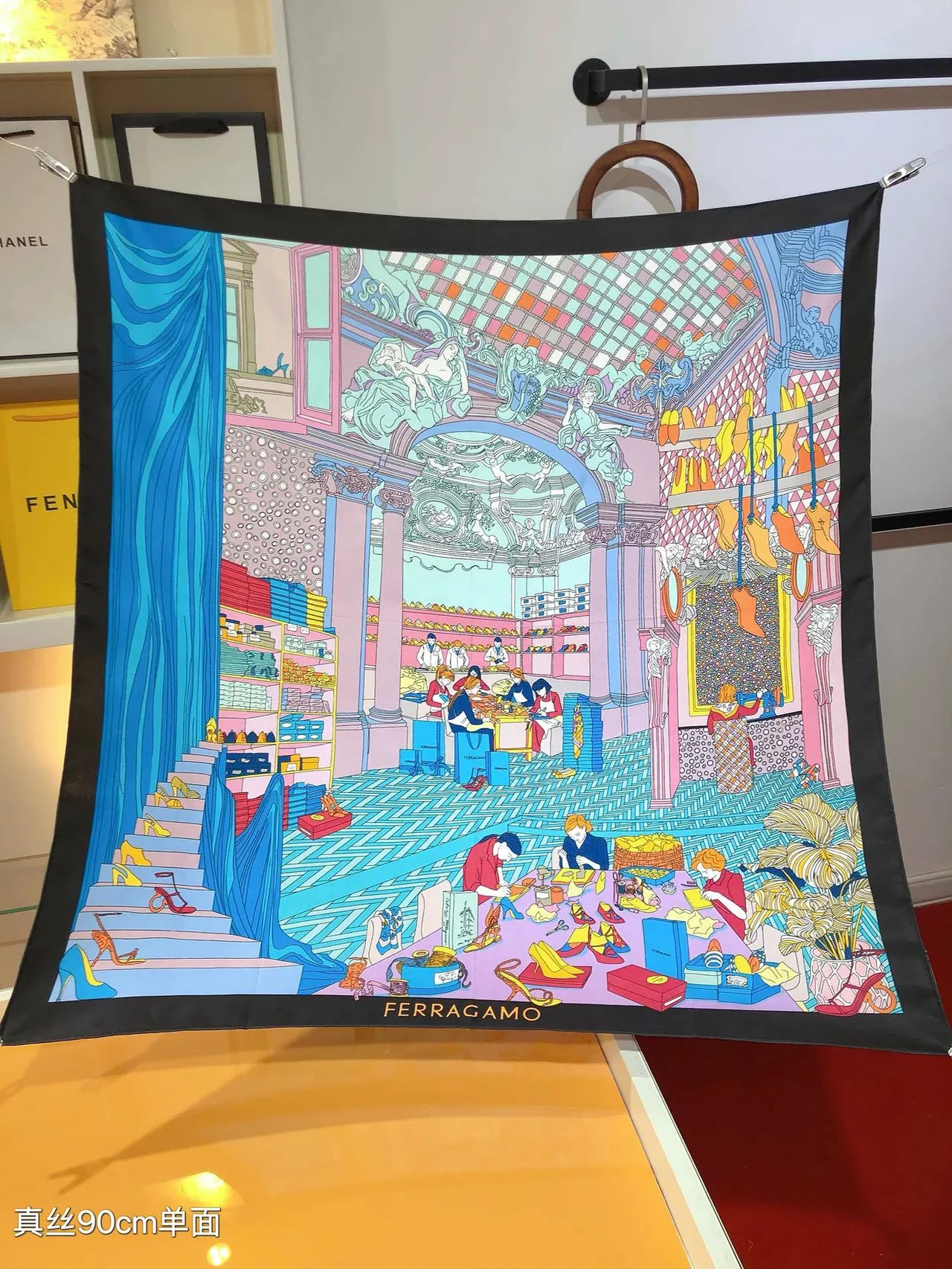 Hermès وشاح حريري أزرق أسود مربع طباعة بحرية 6