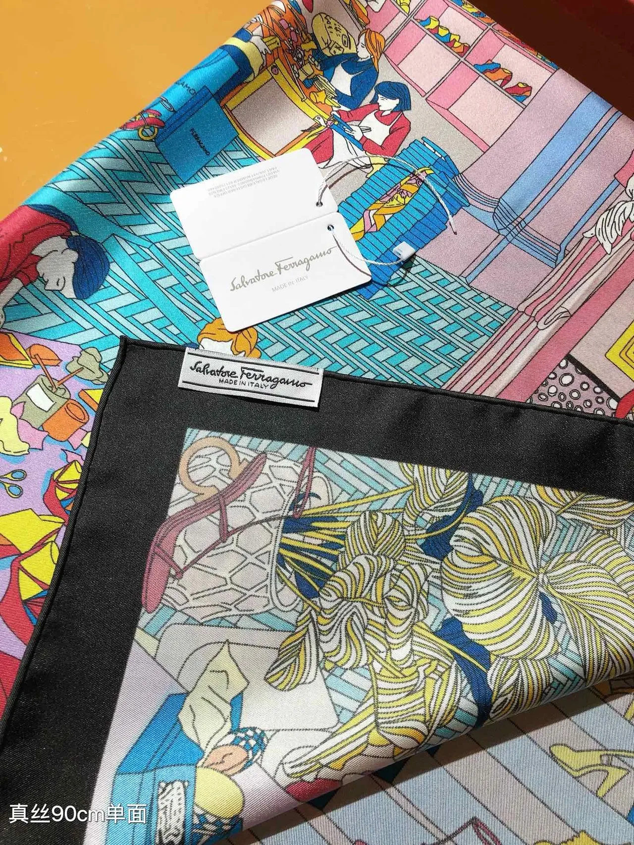 Hermès وشاح حريري أزرق أسود مربع طباعة بحرية 9