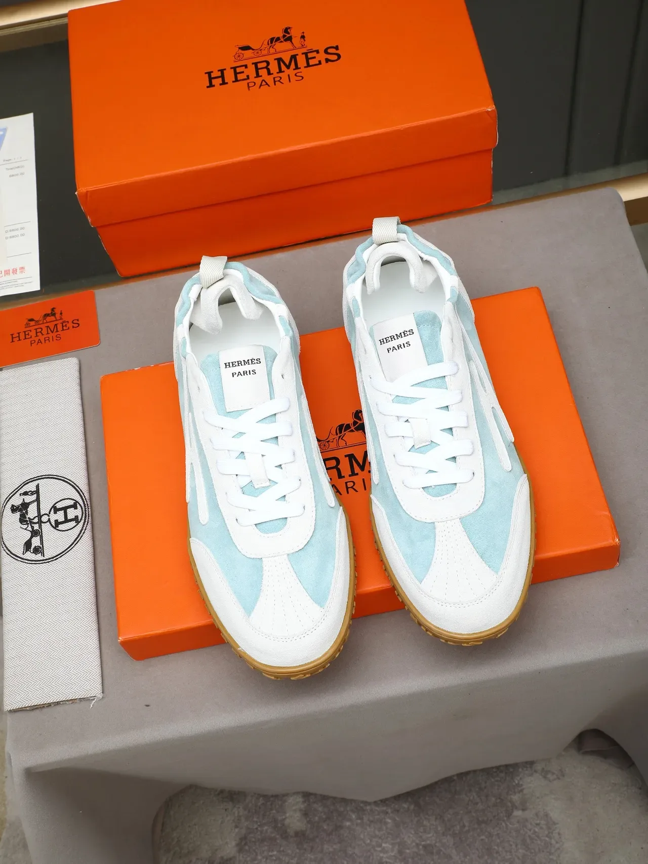 Hermès Blue White Suede-and-Leather Panel Gum Rubber Sole Sneakers 2