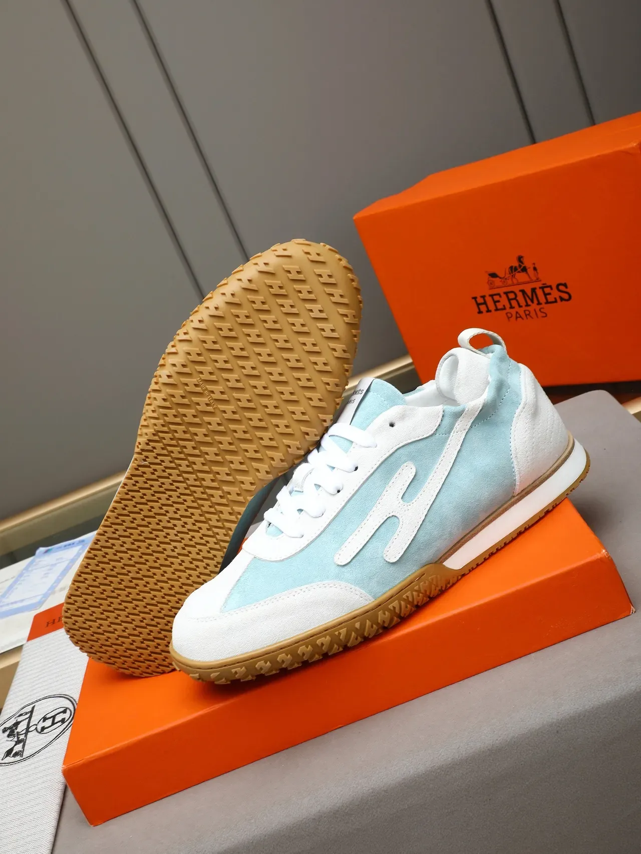 Hermès Blue White Suede-and-Leather Panel Gum Rubber Sole Sneakers 4