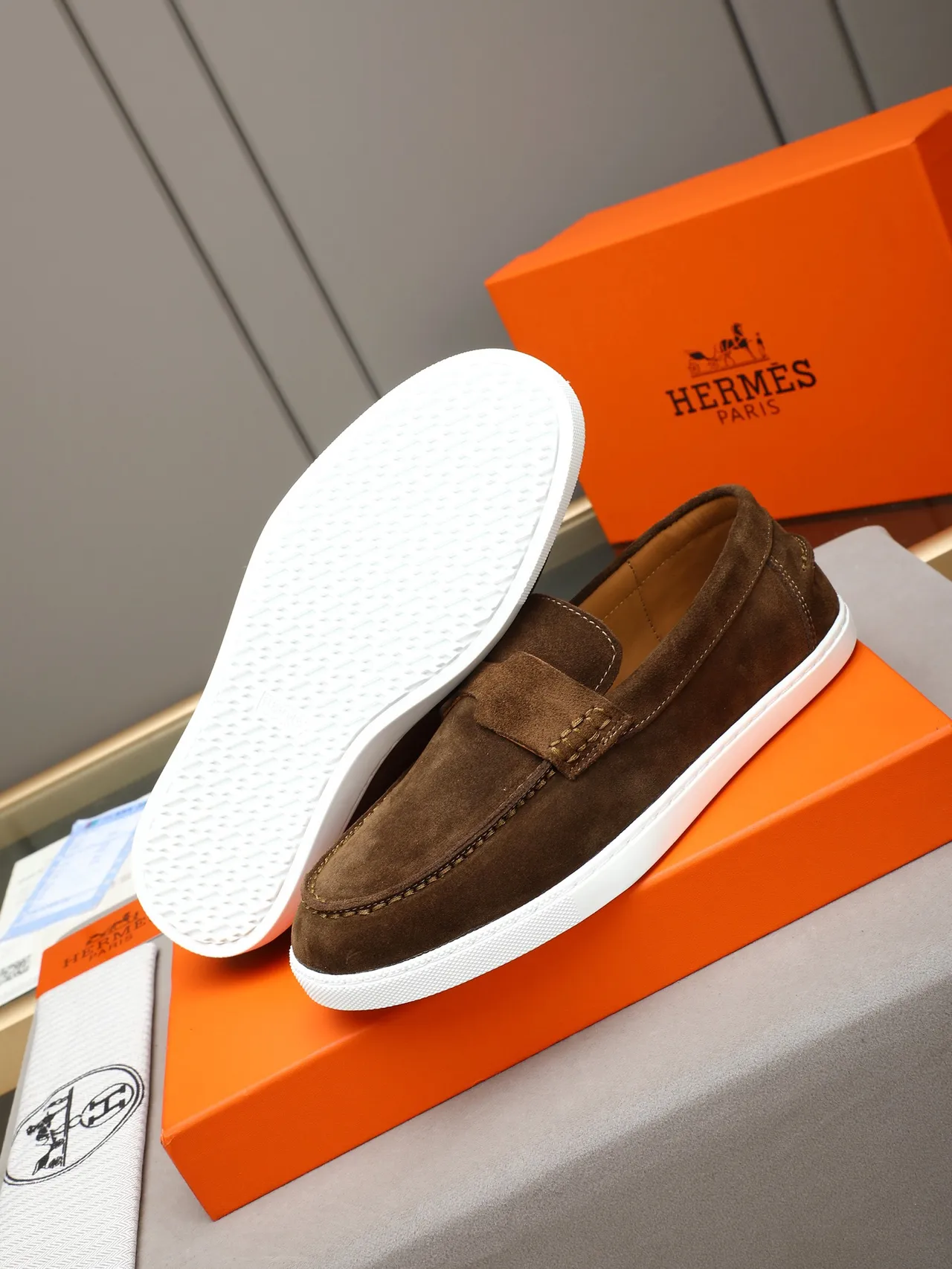 Hermès Brown White Suede Upper Penny Strap Loafer 4