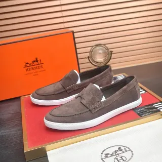 Hermès Marrom Branco Camurça Superior Sola de Borracha Loafer