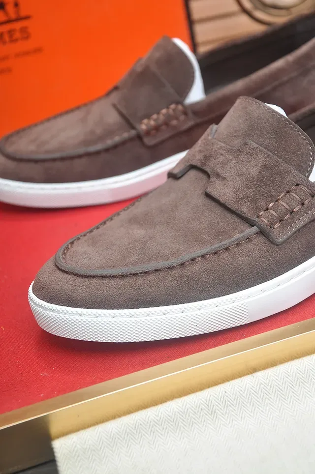 Hermès Brown White Suede Upper Rubber Sole Loafer 2