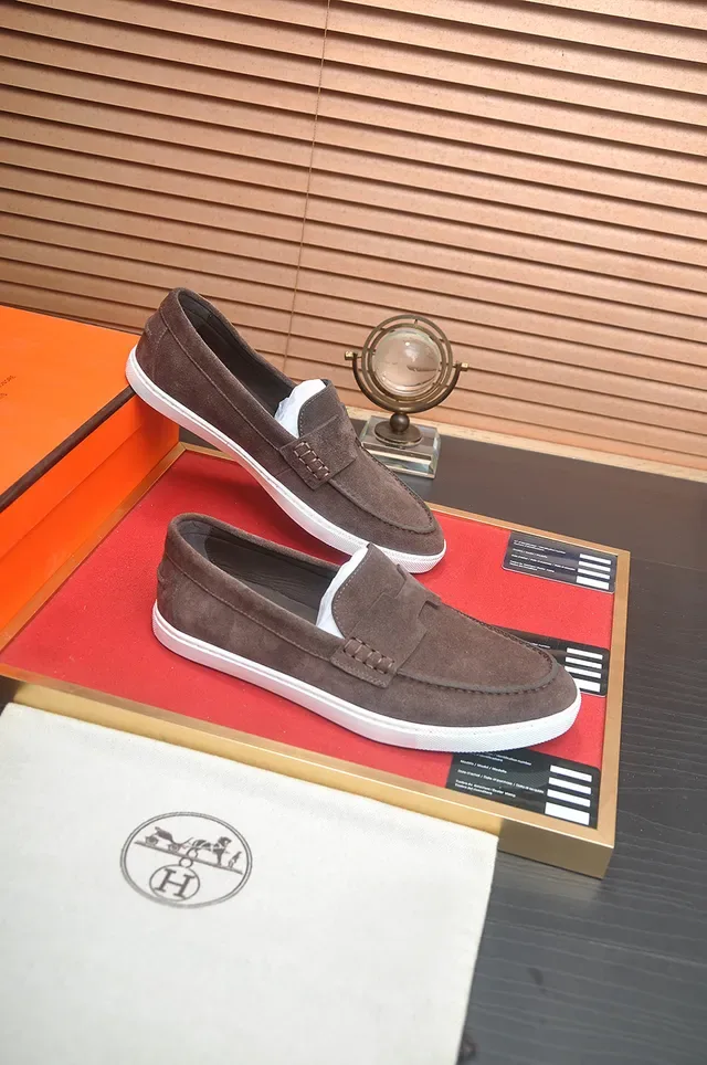 Hermès Brown White Suede Upper Rubber Sole Loafer 4