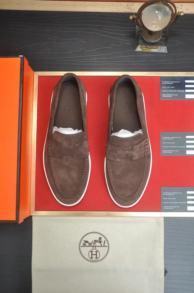 Hermès Brown White Suede Upper Rubber Sole Loafer 5