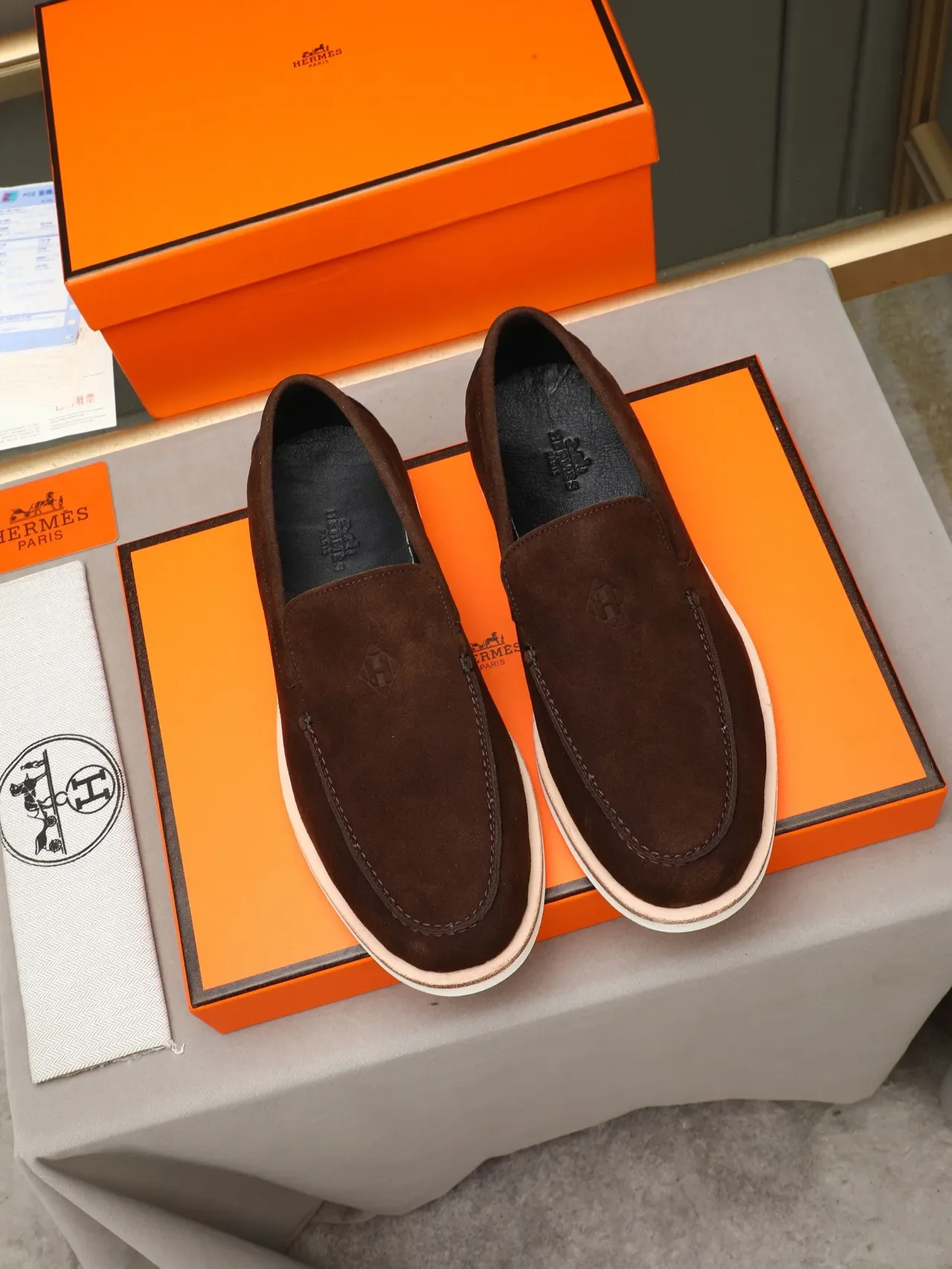 Hermès Brown White Suede Upper Slip-On Loafer 2