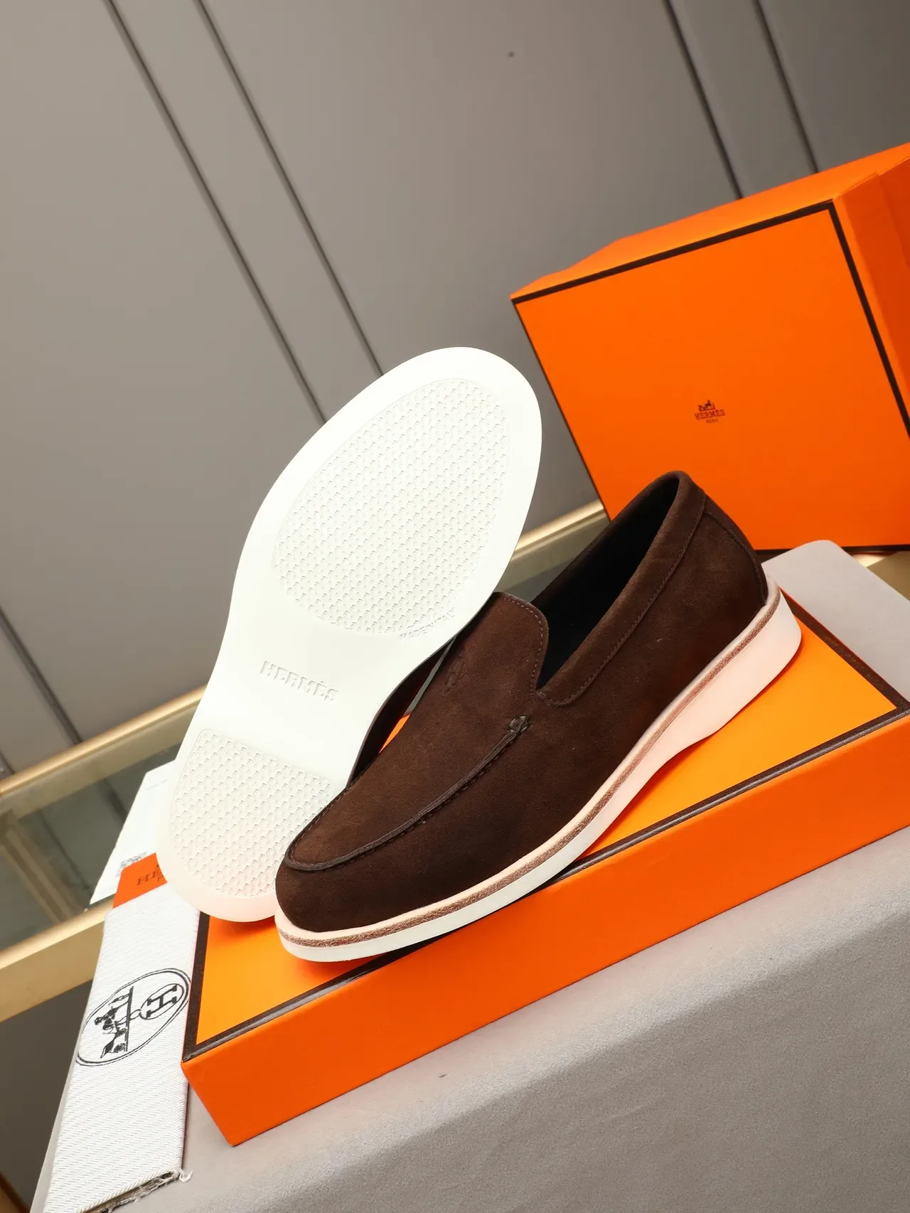 Hermès Brown White Suede Upper Slip-On Loafer 4