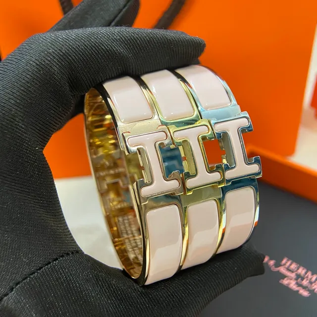 Hermès Clic H Pink Enamel Gold and Silver Tone Rigid Bracelets 2