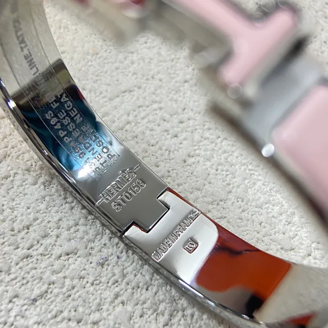 Hermès Clic H Pink Enamel Gold and Silver Tone Rigid Bracelets 3