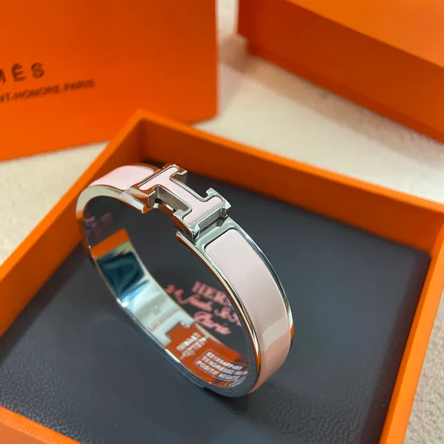 Hermès Clic H Pink Enamel Gold and Silver Tone Rigid Bracelets 4