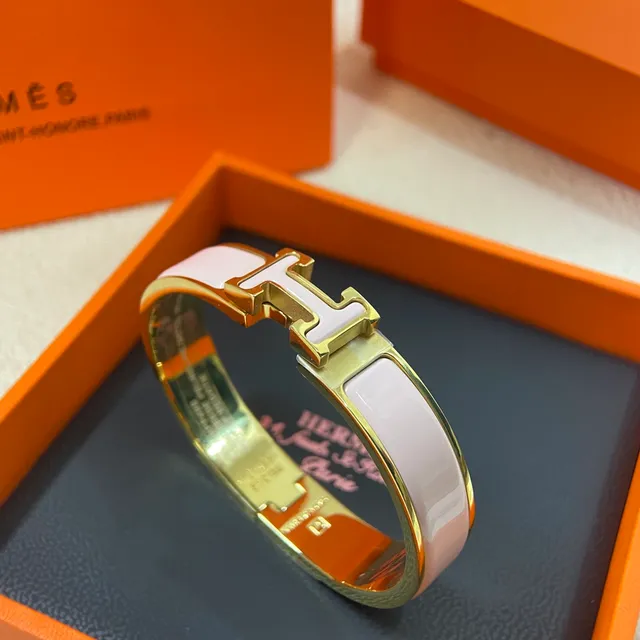 Hermès Clic H Pink Enamel Gold and Silver Tone Rigid Bracelets 5