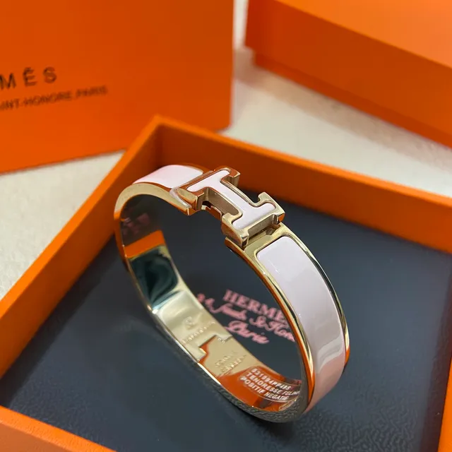 Hermès Clic H Pink Enamel Gold and Silver Tone Rigid Bracelets 6