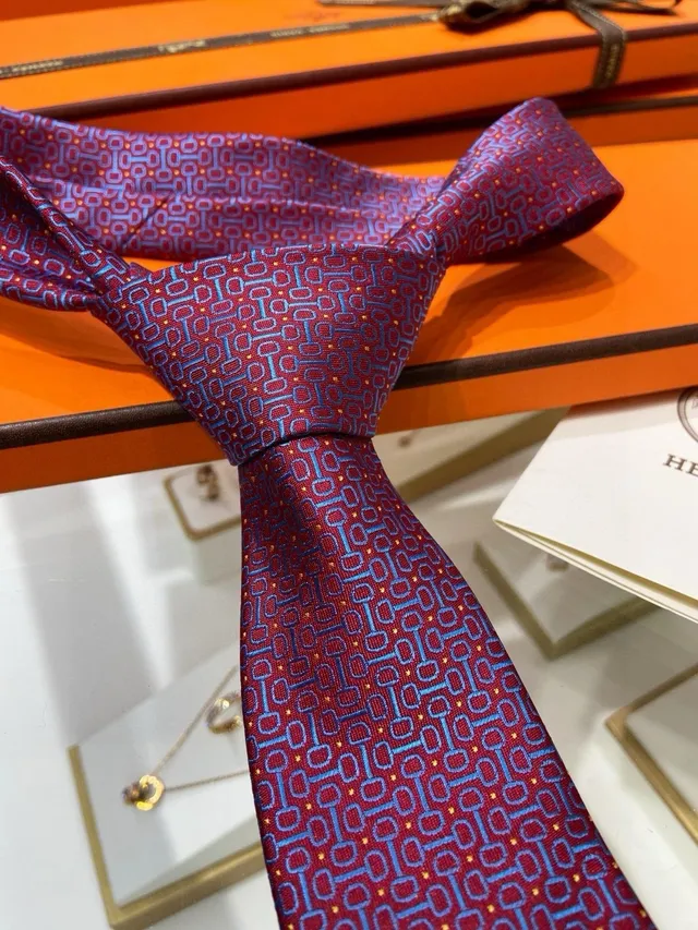 Hermès ربطة عنق حريرية بنمط هندسي بلون بوردو وأزرق 8