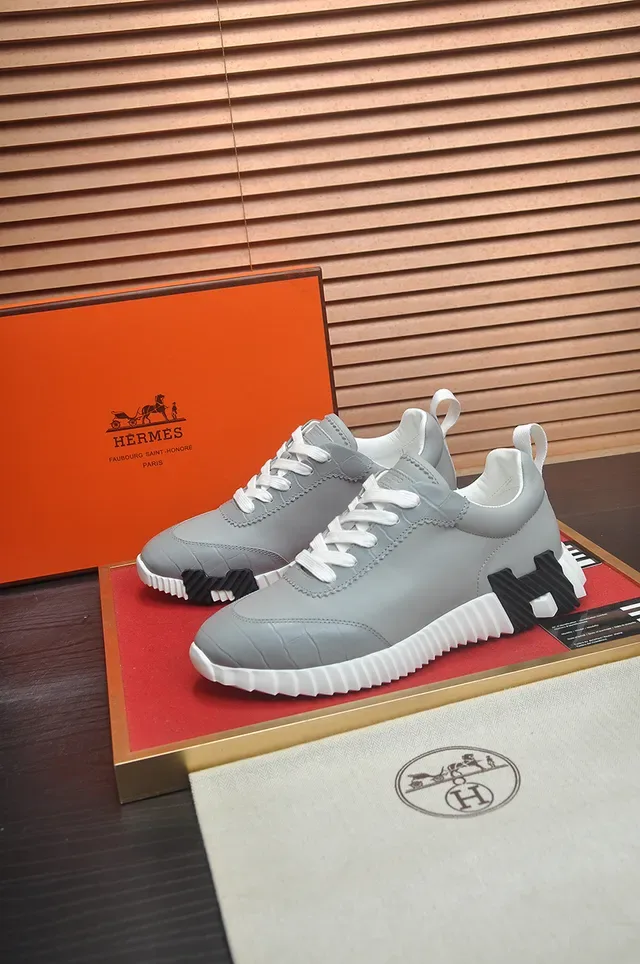 Hermès Gray White Low-Top Leather Upper Lifestyle Sneakers 4