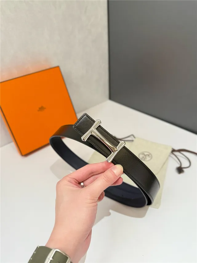 Hermès H Buckle Belt Black Beige Reversible Pebbled Metal Leather Belt 14