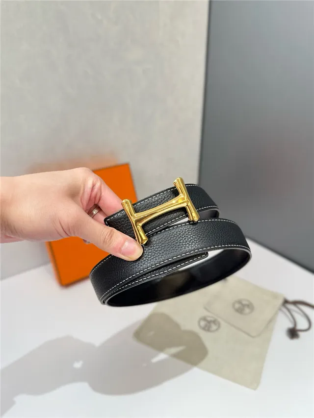 Hermès H Buckle Belt Black Beige Reversible Pebbled Metal Leather Belt 22