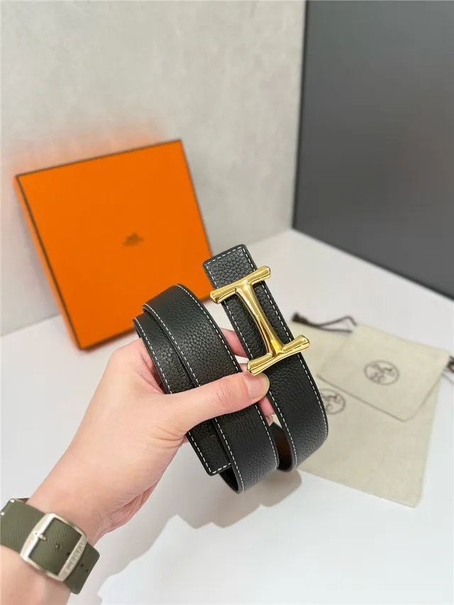 Hermès H Buckle Belt Black Beige Reversible Pebbled Metal Leather Belt 23