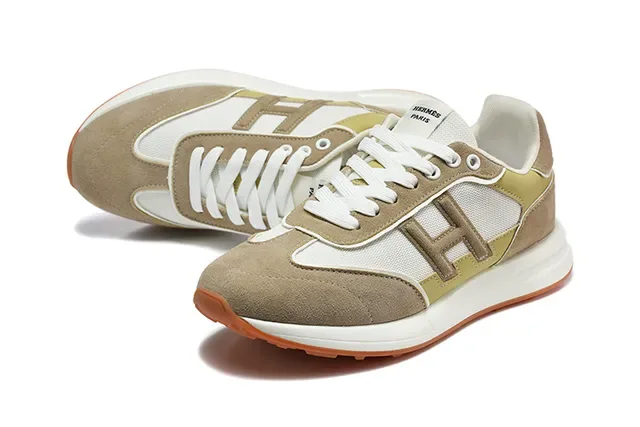 Hermès H-RUN Beige Vert Olive Blanc Orange Sneakers Lifestyle 6