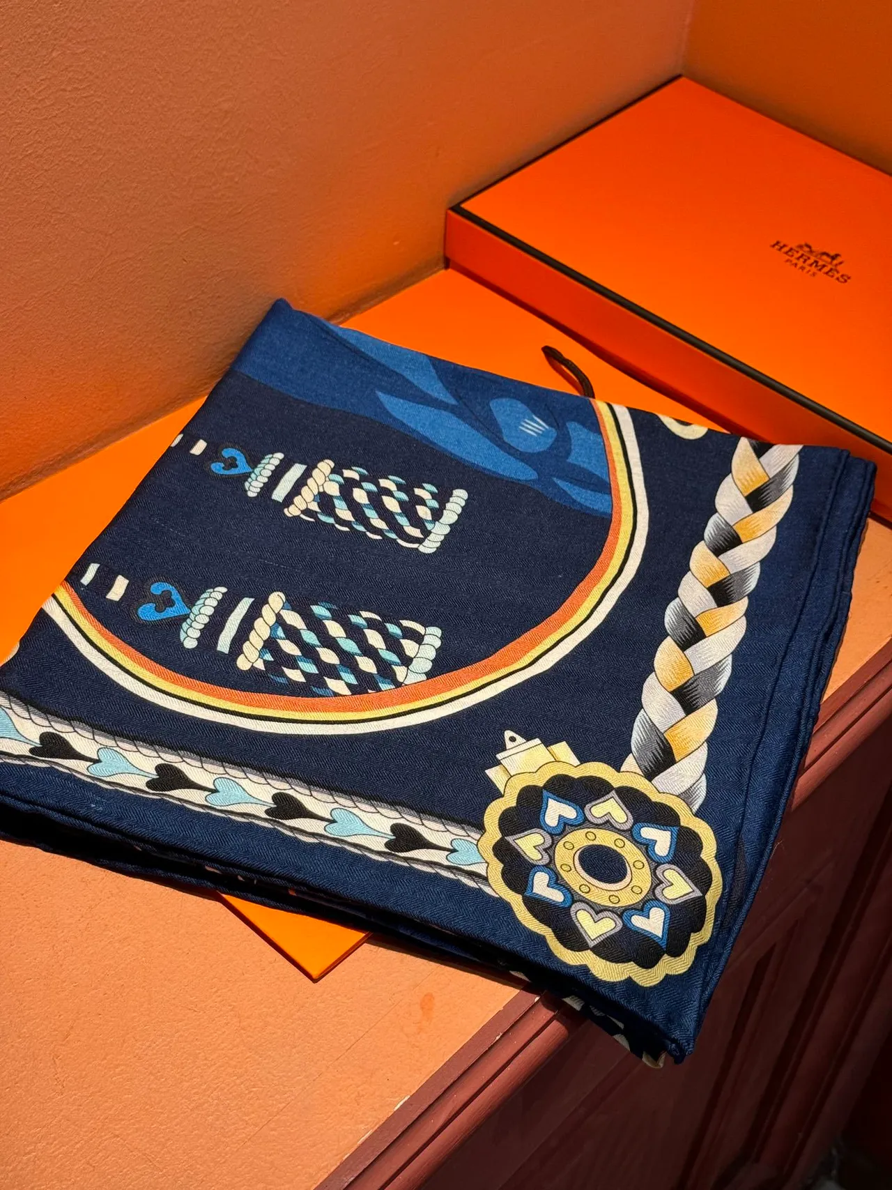 Hermès Harnais de Cœur Navy Blue Silk Scarf 6