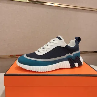 Hermès Navy Blue Scalloped Leather Collar Layered Upper Lifestyle Sneakers