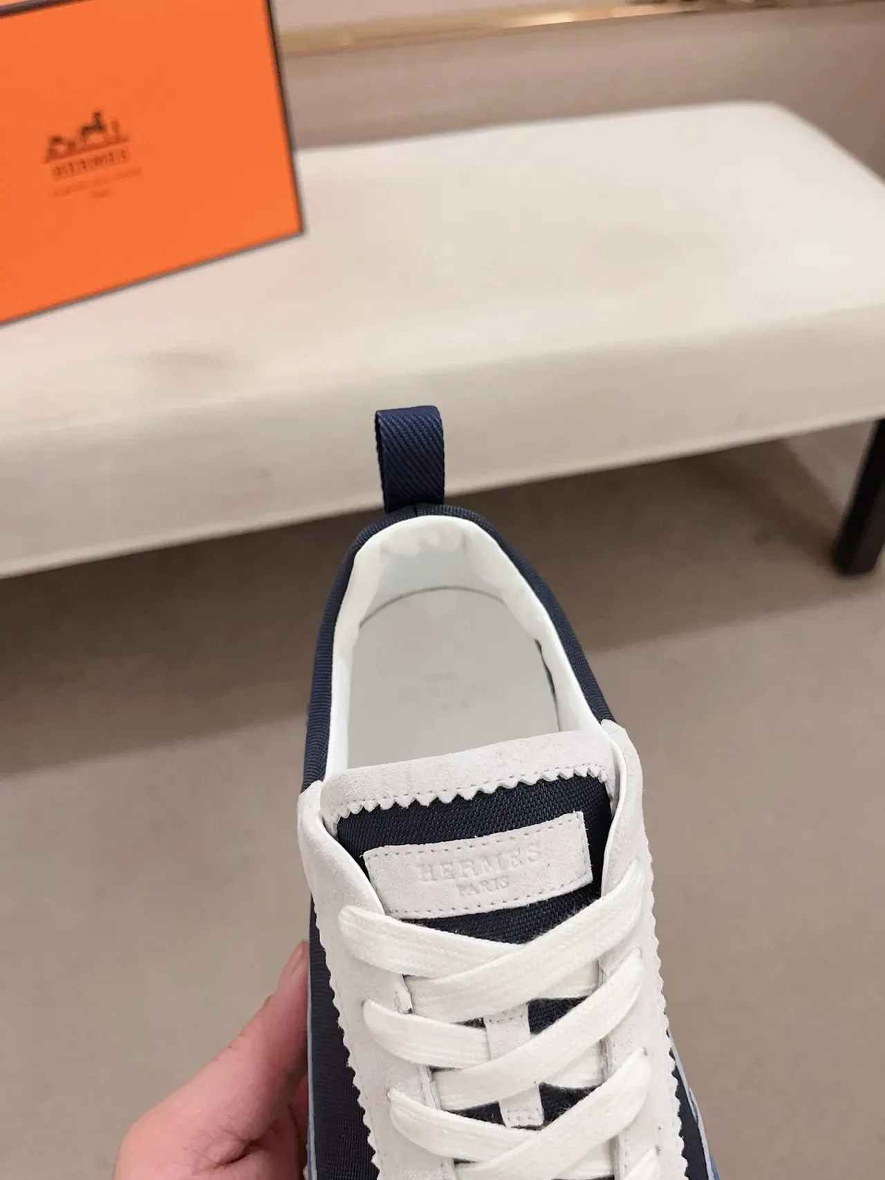 Hermès Navy Blue Scalloped Leather Collar Layered Upper Lifestyle Sneakers 4