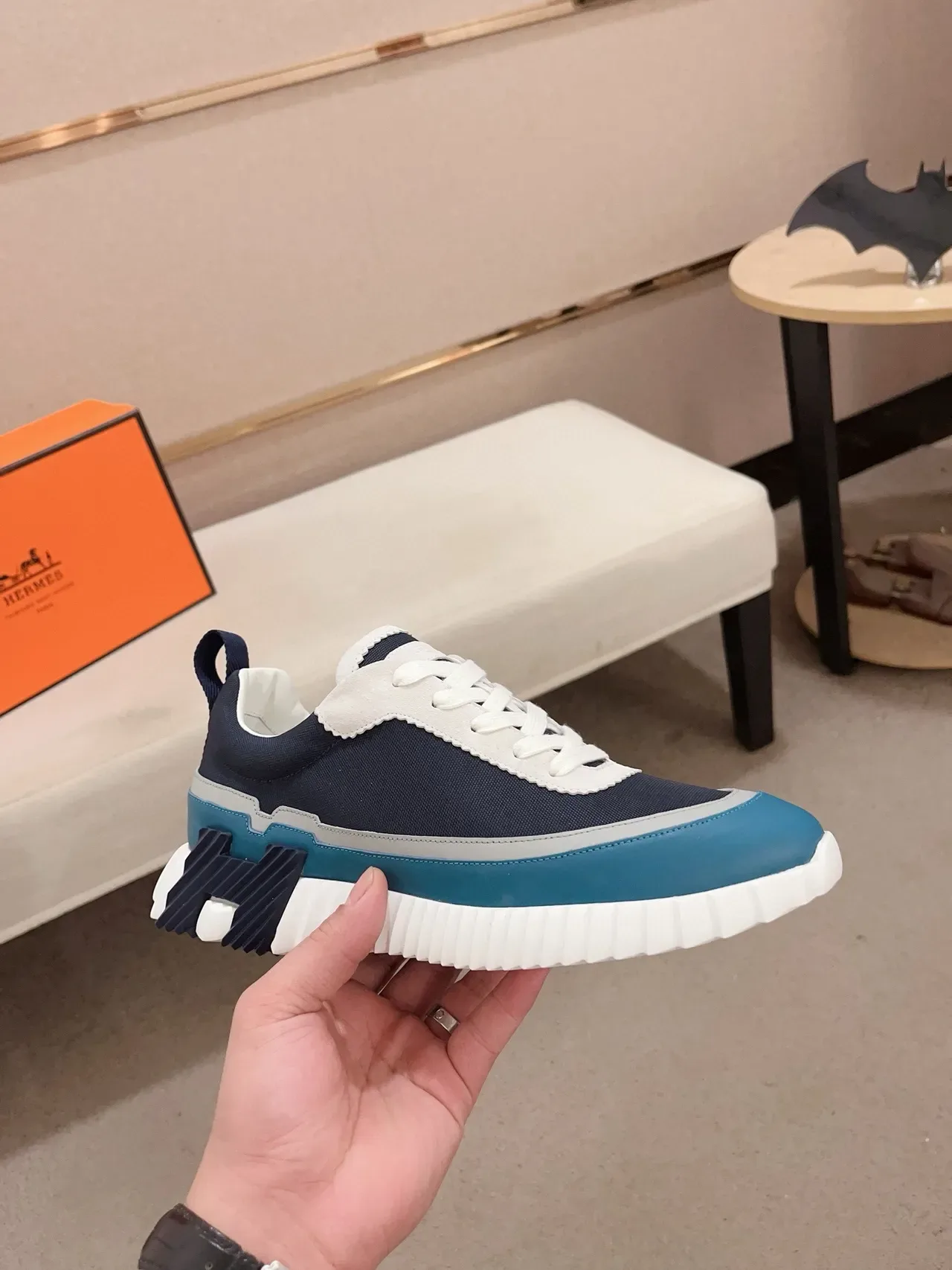 Hermès Navy Blue Scalloped Leather Collar Layered Upper Lifestyle Sneakers 5