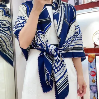 Hermès 海军蓝粉色印花图形图案扭曲流苏丝巾