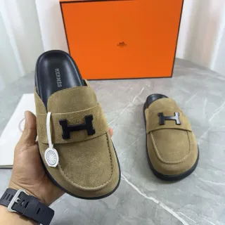 Hermès Oran Beige Black Suede Upper H-Buckle Strap Loafer