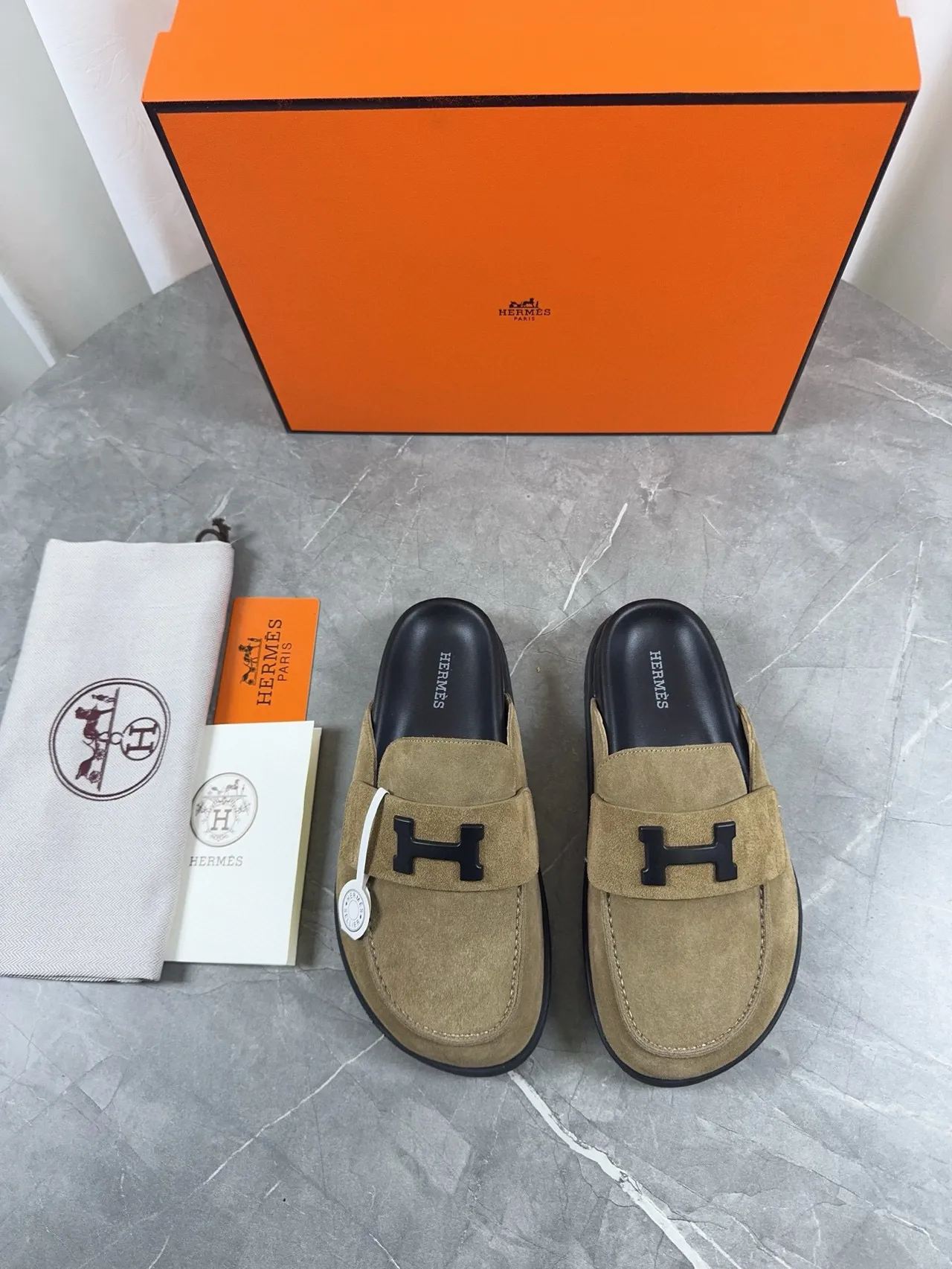 Hermès Oran Beige Black Suede Upper H-Buckle Strap Loafer 2